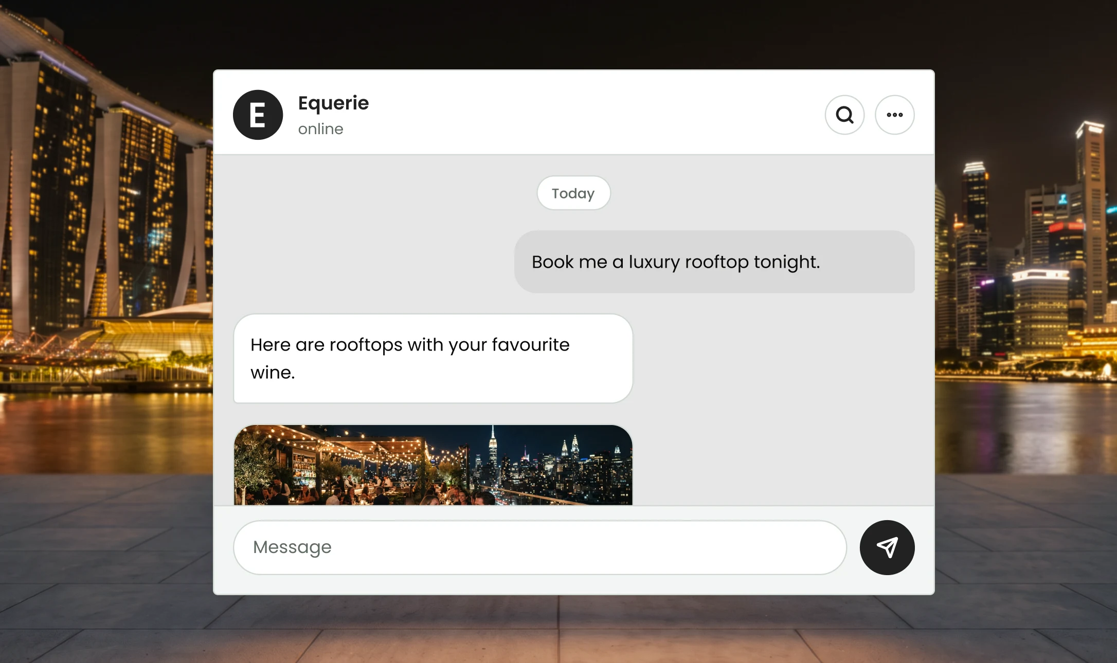 An Equerie chat in WhatsApp: a member asks for a luxury rooftop tonight and Equerie replies with rooftops serving their favourite wine